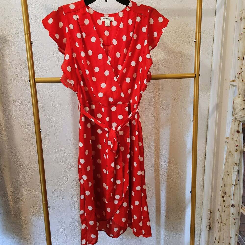 Monteau Los Angeles Red Polka Dot V-Neck Flutter Sleeve Belted Midi Dress Size L